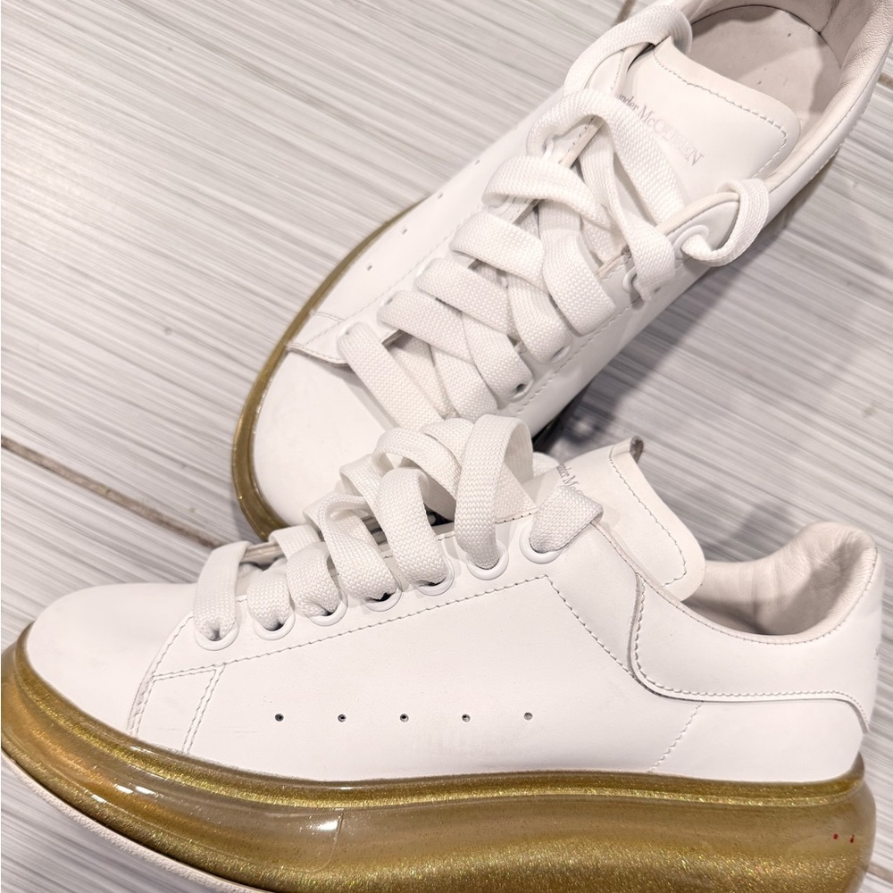 Alexander McQueen White Leather Sneakers with Gold Platform Sole
